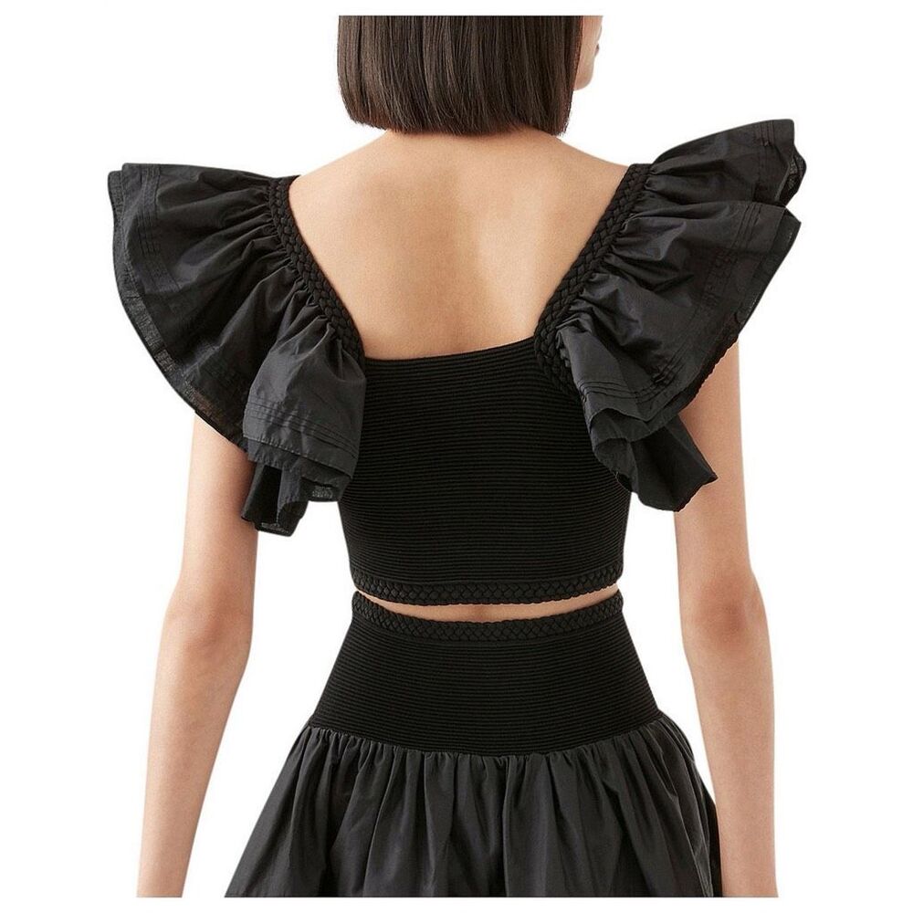 Aje. Corinne Ruffled Ribbed Crop Top - Black - Picture 3 of 11